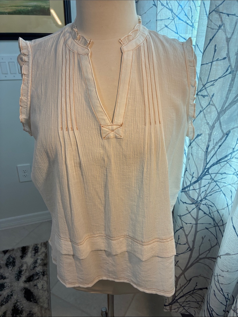 Adrianna Papell sleeveless Ruffle-Trim Pintuck Top in Cream